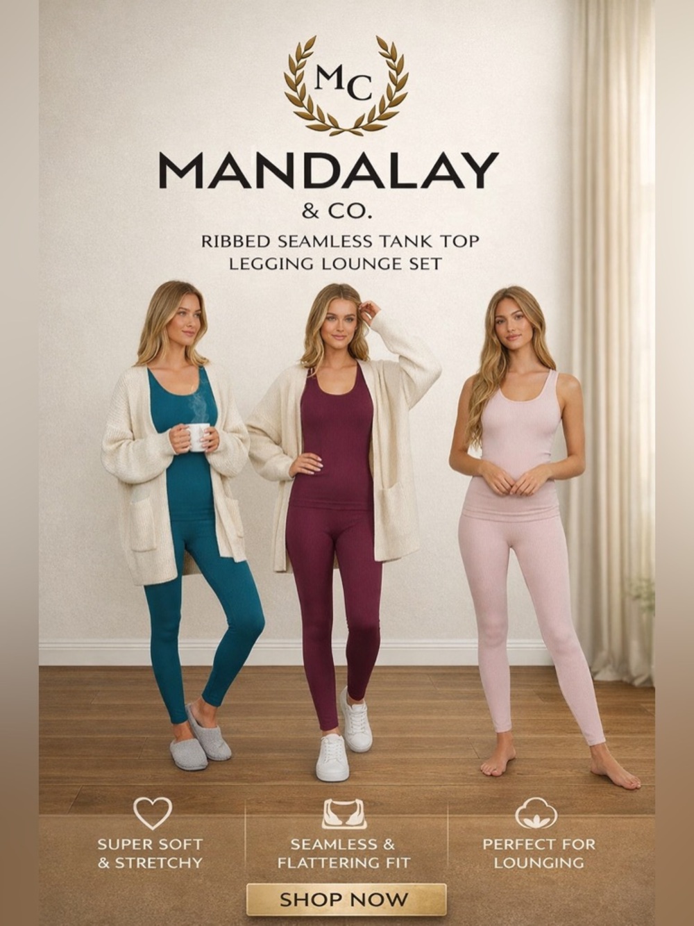 Mandalay Ribbed Seamless Tank & Legging Lounge Set - in 3 Colors shop our store